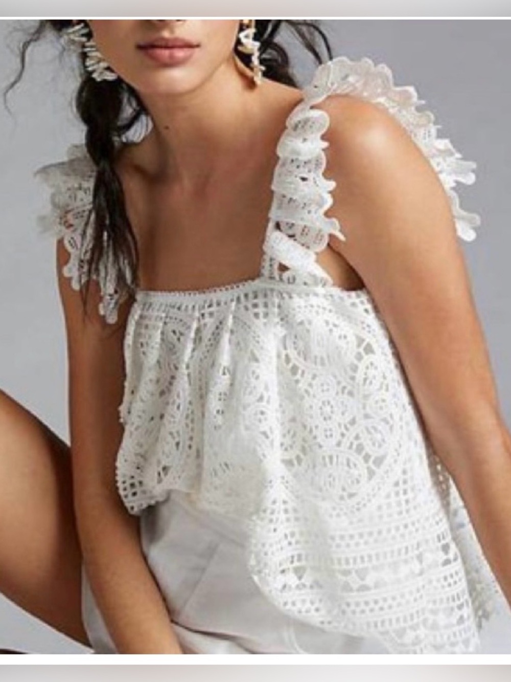 Eri + Ali Anthropologie White Eyelet Lace Crochet
Ruffled Tank Top Blouse Small